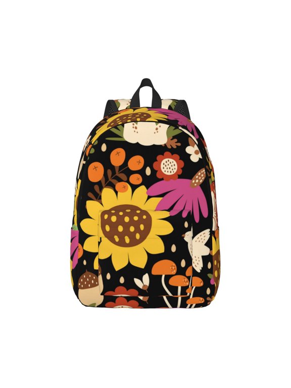 Sunflowers Mushrooms Pattern Canvas College Laptop Backpack,Travel Daypack,Durable Rucksack Travel Notebook Bag School Backpack Book Bag for Men Women-Medium