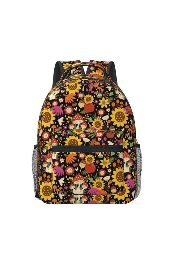Sunflowers Mushrooms Pattern Durable Student Backpack Laptop Bag- Ergonomic Design, Waterproof Twill Fabric - Ideal for School, Travel, and Outdoor Activities