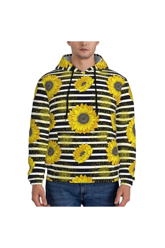 Sunflowers On Black And White Stripes Pattern Mens Hoodie, Pullover Hooded Sweatshirt, Kangaroo Pocket Hoodie Ideal for Daily Wear, Travel and Home-X-Large