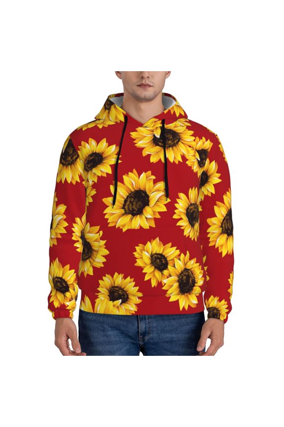 Sunflowers On Red Pattern Mens Hoodie, Pullover Hooded Sweatshirt, Kangaroo Pocket Hoodie Ideal for Daily Wear, Travel and Home-Large