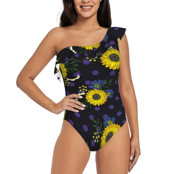 Rateoe Sunflowers Pattern Women One Piece Swimsuits Tummy Control One Shoulder Bathing Suits Ruffle Swimwear-XX-Large