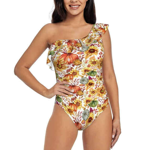 Rateoe Sunflowers Pumpkins And Autumn Leaves Pattern Women One Piece Swimsuits Tummy Control One Shoulder Bathing Suits Ruffle Swimwear-X-Large