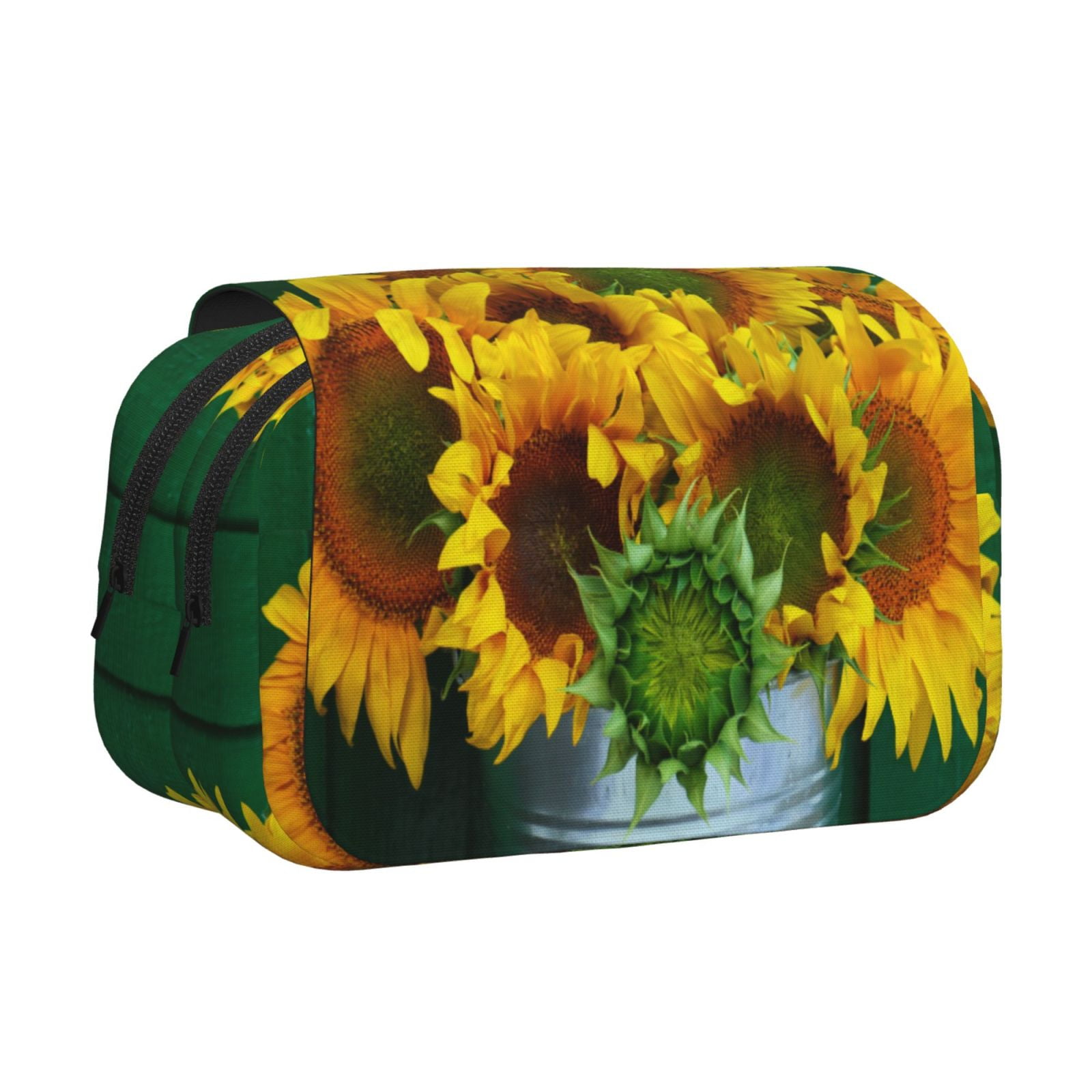 Rateoe Sunflowers in Bucket Pattern Double Clamshell Pen Case, Storage Organizer with Two Zipper Compartments– Holds Up to 50 Pencils & Pens