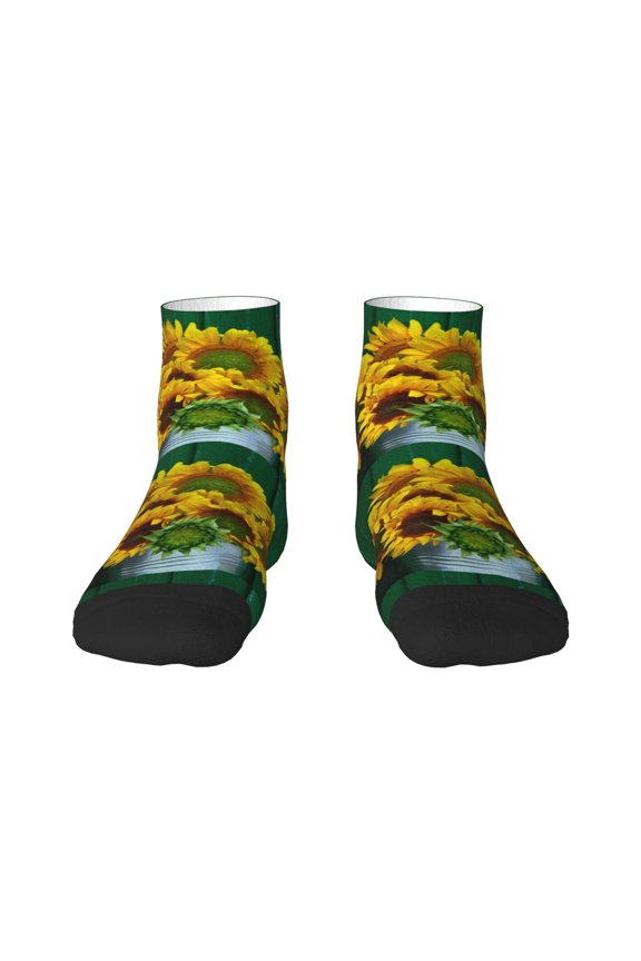 Sunflowers in Bucket Pattern Quarter Crew Socks,Toe Seamed Ankle Socks,Cotton Cushioned Breathable Athletic Crew Sports Socks