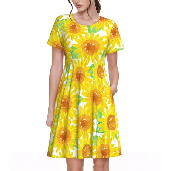 Rateoe Sunflowers2 Pattern Women’s Short Sleeve Dress – Casual Elegant Summer A-Line Dress for Everyday Wear