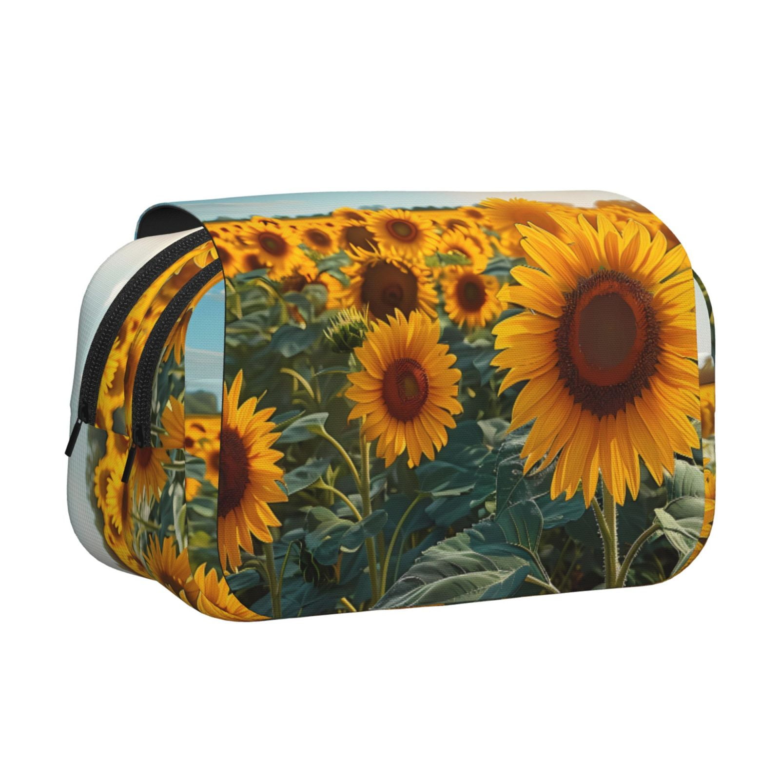 Rateoe Sunlit Sunflower Field Pattern Double Clamshell Pen Case, Storage Organizer with Two Zipper Compartments– Holds Up to 50 Pencils & Pens