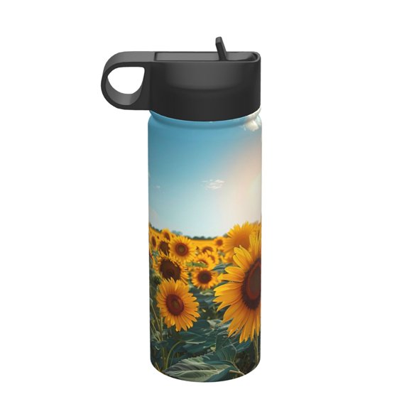 Rateoe Sunlit Sunflower Field Printed 18oz Sports Insulated Water Bottle, Double-Walled Stainless Steel Kettle with Leak-Proof Straw Lid, Portable & BPA-Free for Outdoor, Gym, Camping, and Travel