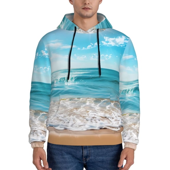 Rateoe Sunny Ocean Waves Pattern Mens Hoodie, Pullover Hooded Sweatshirt, Kangaroo Pocket Hoodie Ideal for Daily Wear, Travel and Home-Medium