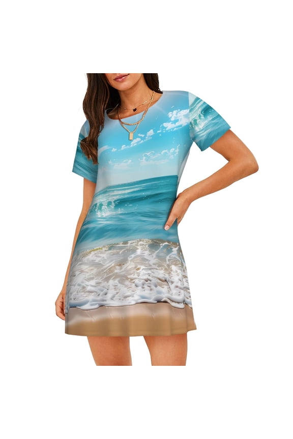 Sunny Ocean Waves Print Women’s Nightdress – Cozy Cotton Short-sleeved Sleep Shirt, Loose-Fit Sleepwear, Perfect for Relaxing and Sleeping