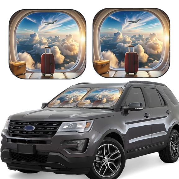 Rateoe Sunset Airplane Travel View Pattern 2 Piece Car Windshield Sun Shade Foldable | Front Windshield Shade for Sun, Heat and UV Rays | Sunshade for Car Front Window-Small