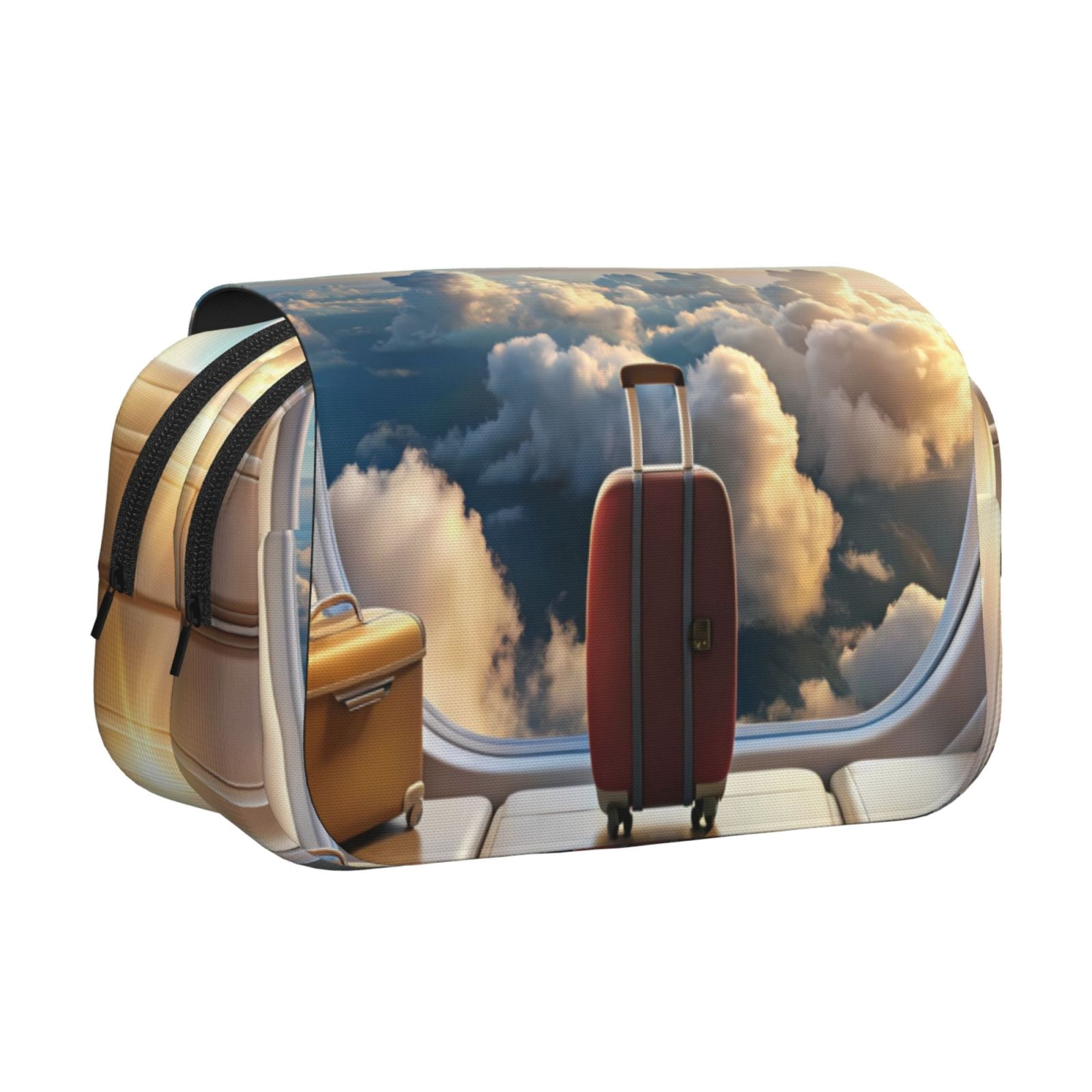 Rateoe Sunset Airplane Travel View Pattern Double Clamshell Pen Case, Storage Organizer with Two Zipper Compartments– Holds Up to 50 Pencils & Pens