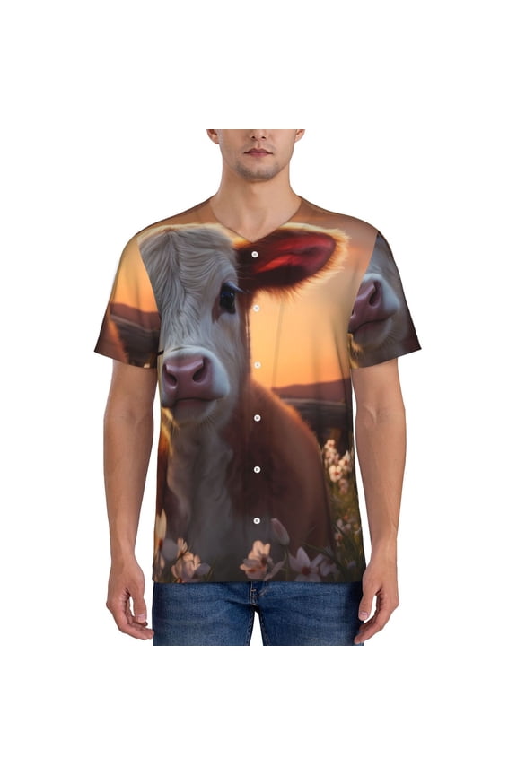 Sunset Calf Flower Field Pattern Men’s Baseball Short Sleeve Polo Shirt, Midweight Men's Shirt Golf Shirt Polo Shirts Quick Dry Short-Medium