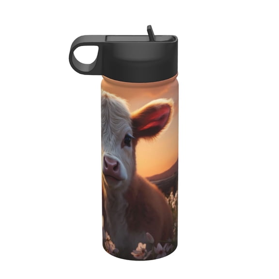 Rateoe Sunset Calf Flower Field Printed 18oz Sports Insulated Water Bottle, Double-Walled Stainless Steel Kettle with Leak-Proof Straw Lid, Portable & BPA-Free for Outdoor, Gym, Camping, and Travel
