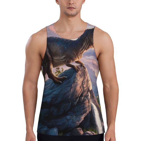 Rateoe Sunset Cliff Dinosaur Pattern Sleeveless Gym Shirt Muscle Tee Breathable Workout Shirt Slim-Fit Tank Quick Dry Fit Muscle Tank Top Bodybuilding Sleeveless T Shirt-
