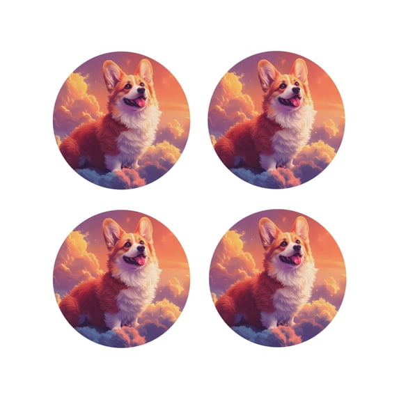Rateoe Sunset Cloud Corgi Drawing Drink Coasters Set of 4 Leather Coasters Spill Protection for Table Desk,Durable and Non Slip Leather Coaster ,4 Inches Drink Mats-Round Shape