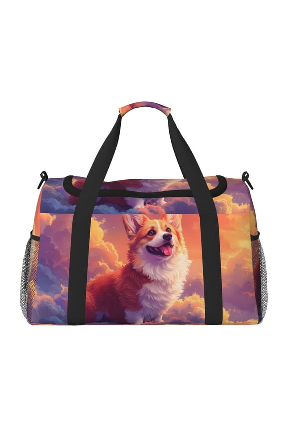 Sunset Cloud Corgi Pattern Gym Bag for Women, Duffle Bag for Travel with Wet Pocket, Carry on Weekender Bags for Women, Water Resistant Travel Bag Duffel Bag