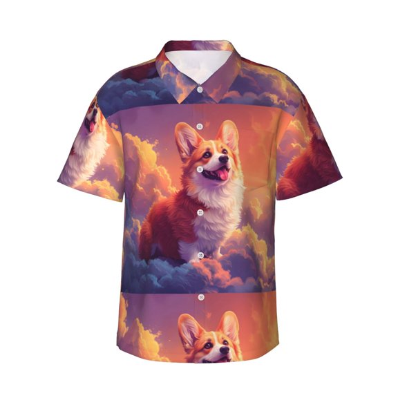 Rateoe Sunset Cloud Corgi Pattern Men’s Hawaiian Shirt – Short Sleeve Button-Down Tropical Beach Shirt, Lightweight & Breathable Casual Aloha Shirt with Pocket,Small