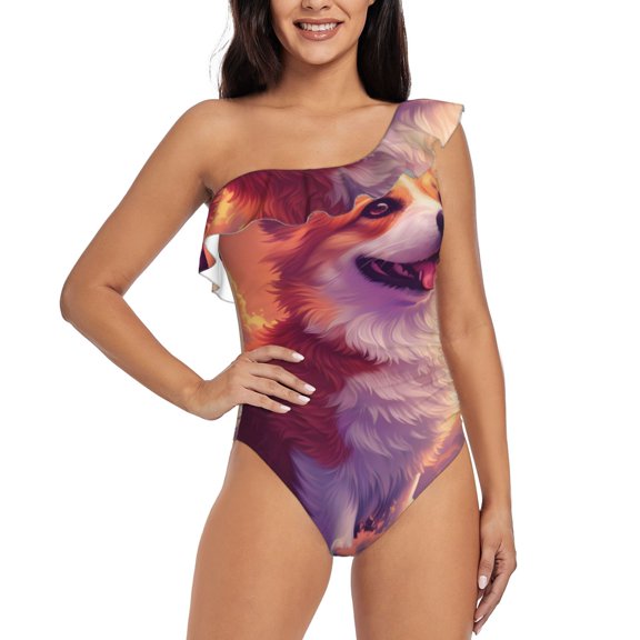 Rateoe Sunset Cloud Corgi Pattern Women One Piece Swimsuits Tummy Control One Shoulder Bathing Suits Ruffle Swimwear-