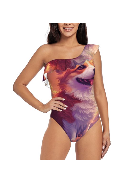 Sunset Cloud Corgi Pattern Women One Piece Swimsuits Tummy Control One Shoulder Bathing Suits Ruffle Swimwear-