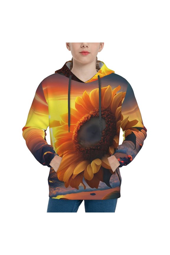 Sunset Coast Sunflower Pattern Boys Hoodie, Youth Pullover Hooded Sweatshirt, Kangaroo Pocket Hoodie for Kids-Large