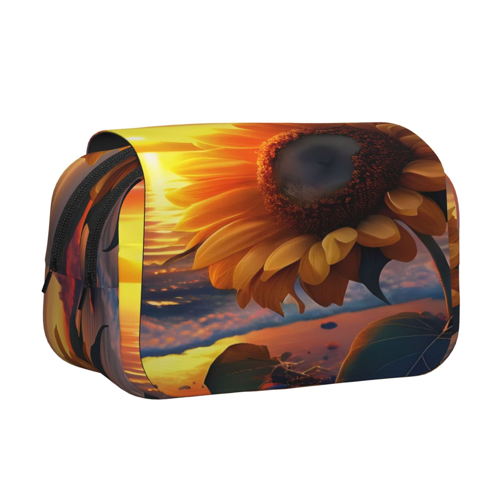 Rateoe Sunset Coast Sunflower Pattern Double Clamshell Pen Case, Storage Organizer with Two Zipper Compartments– Holds Up to 50 Pencils & Pens
