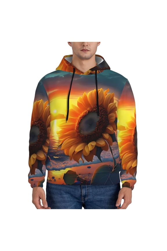 Sunset Coast Sunflower Pattern Mens Hoodie, Pullover Hooded Sweatshirt, Kangaroo Pocket Hoodie Ideal for Daily Wear, Travel and Home-XX-Large