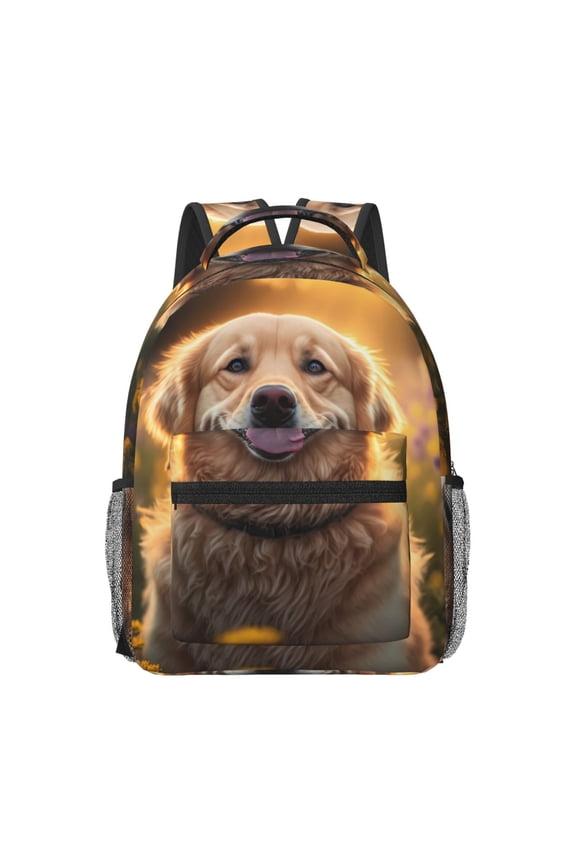 Sunset Daisy Dog Pattern Durable Student Backpack Laptop Bag- Ergonomic Design, Waterproof Twill Fabric - Ideal for School, Travel, and Outdoor Activities