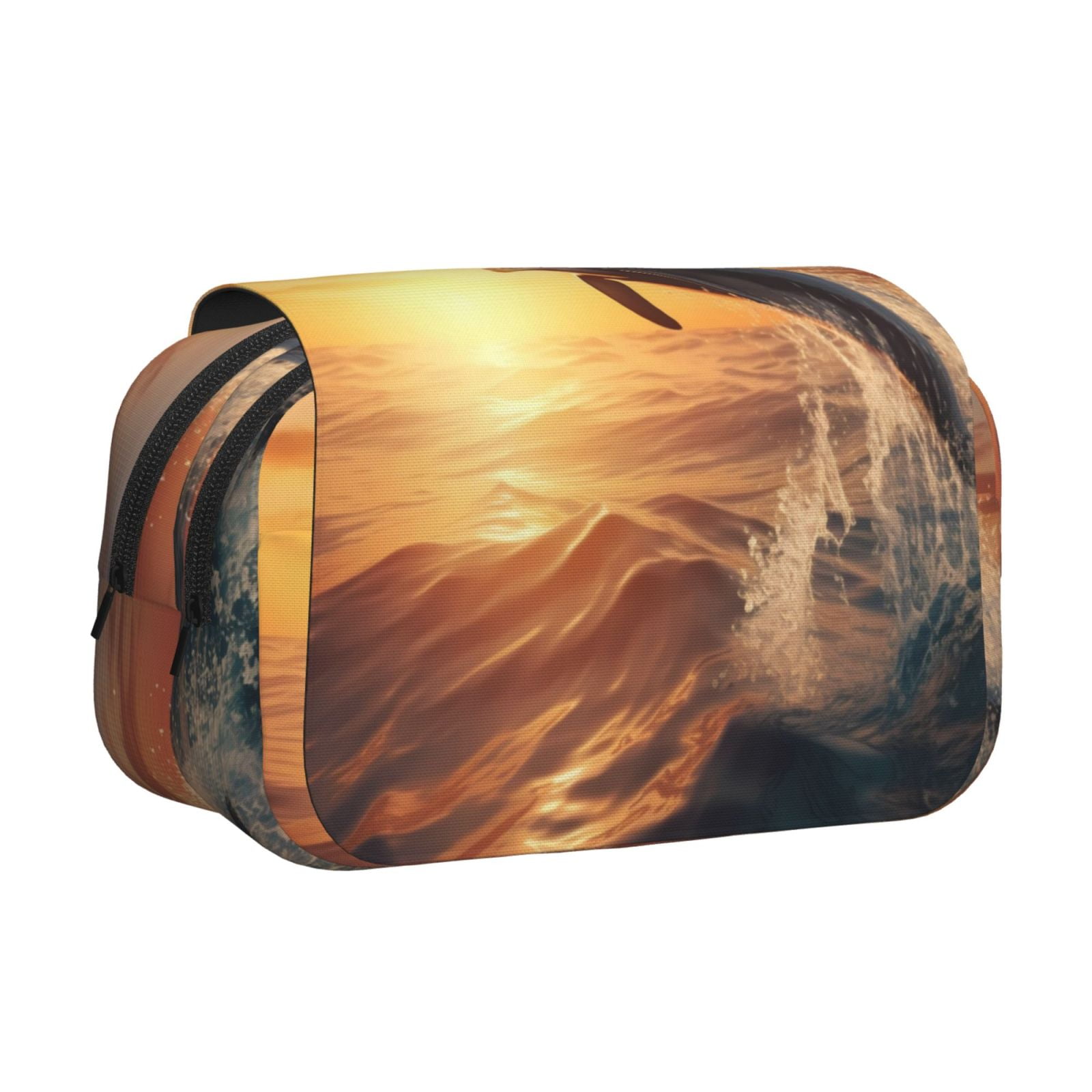Rateoe Sunset Dancing Dolphin A Pattern Double Clamshell Pen Case, Storage Organizer with Two Zipper Compartments– Holds Up to 50 Pencils & Pens