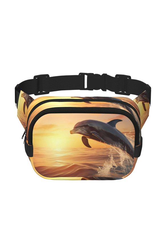 Sunset Dancing Dolphin A Print Fanny Pack Belt Bag for Women and Men, Square Double-Layer Waterproof Waist Pack with Adjustable Strap for Hiking, Jogging, Cycling