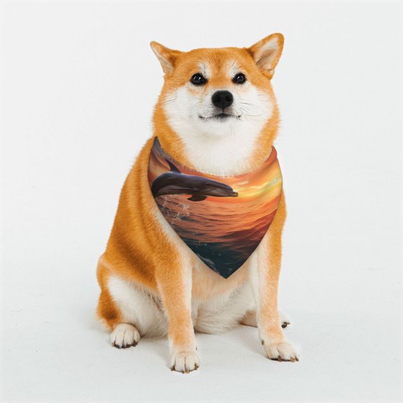 Rateoe Sunset Dancing Dolphin B Print Pet Scarf for Dogs and Cats – Stylish Reflective Design, Breathable & Durable Pet Bandana with Quick-Release Buckle-Medium
