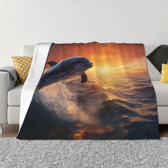 Rateoe Sunset Dancing Dolphin Pattern Flannel Throw Blanket, Ultra-soft Blanket for Bed, Couch, Car, Hypoallergenic Anti-pilling blanket-40"x30"(Horizontal)