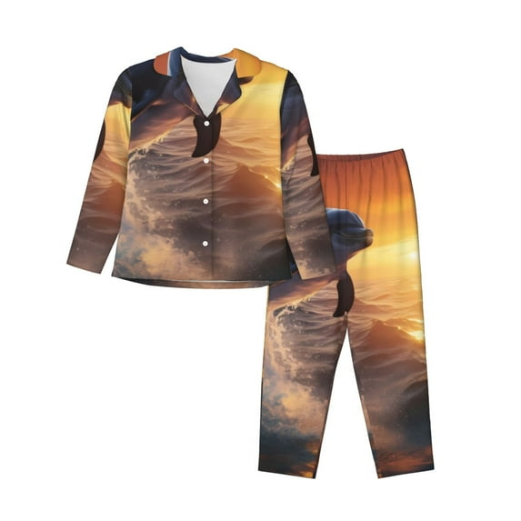 Rateoe Sunset Dancing Dolphin Pattern Womens Pajamas Set Long Sleeve Sleepwear Button Down Nightwear Soft Cotton Pj Lounge Sets