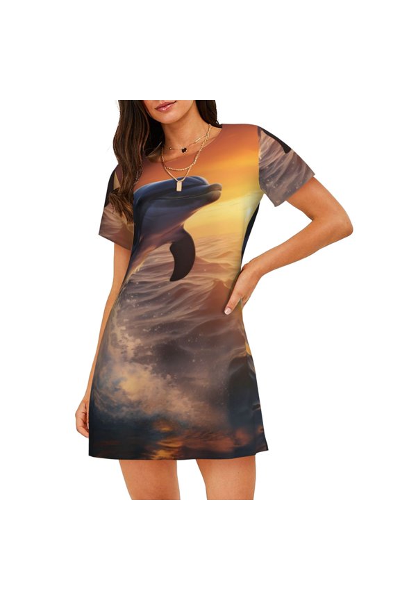 Sunset Dancing Dolphin Print Women’s Nightdress – Cozy Cotton Short-sleeved Sleep Shirt, Loose-Fit Sleepwear, Perfect for Relaxing and Sleeping