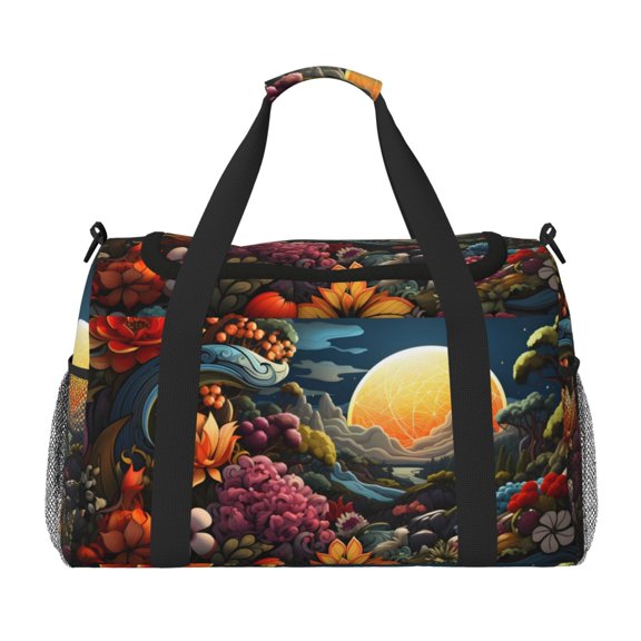 Rateoe Sunset Floral Fantasy Landscape Pattern Gym Bag for Women, Duffle Bag for Travel with Wet Pocket, Carry on Weekender Bags for Women, Water Resistant Travel Bag Duffel Bag