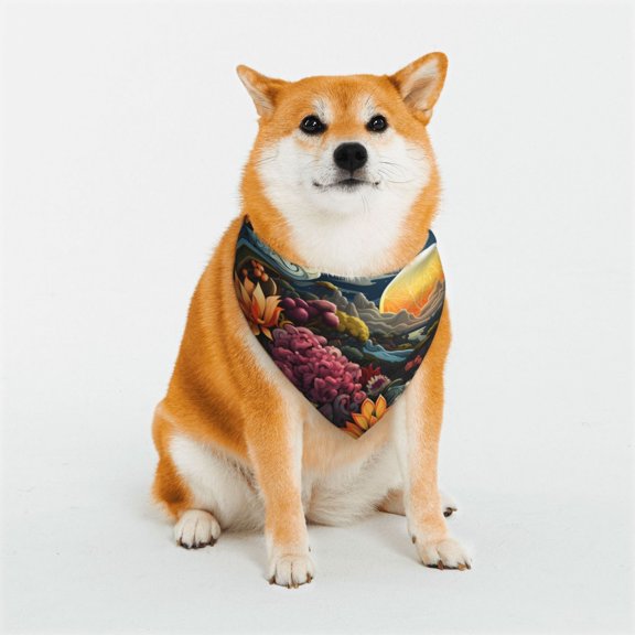 Rateoe Sunset Floral Fantasy Landscape Print Pet Scarf for Dogs and Cats – Stylish Reflective Design, Breathable & Durable Pet Bandana with Quick-Release Buckle-Small