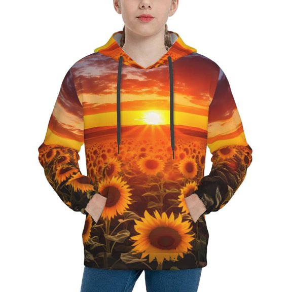 Rateoe Sunset Golden Sunflower Field Pattern Boys Hoodie, Youth Pullover Hooded Sweatshirt, Kangaroo Pocket Hoodie for Kids-X-Large