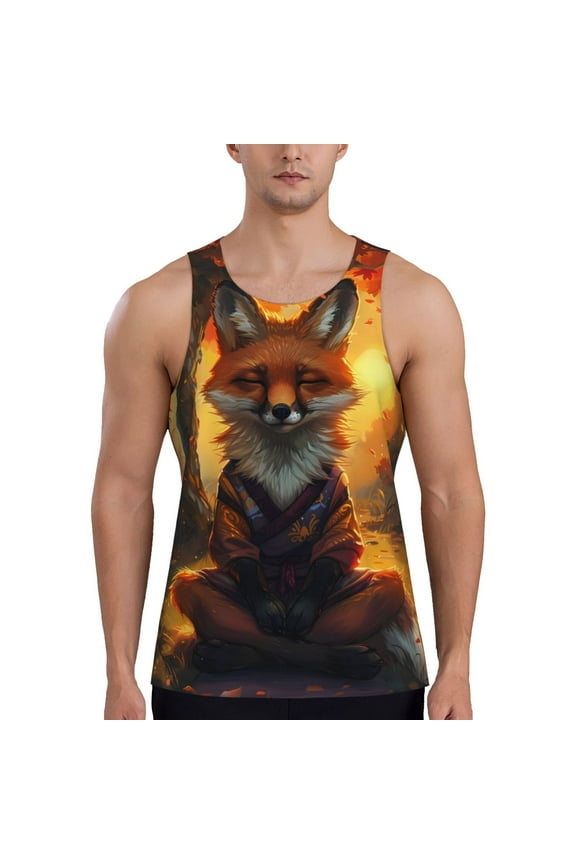 Sunset Maple Tree Fox Pattern Sleeveless Gym Shirt Muscle Tee Breathable Workout Shirt Slim-Fit Tank Quick Dry Fit Muscle Tank Top Bodybuilding Sleeveless T Shirt-X-Large