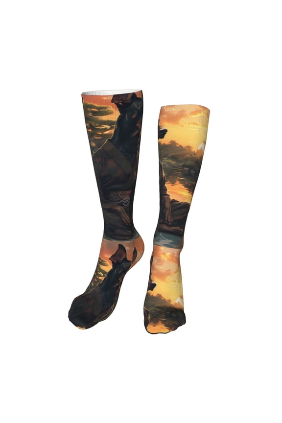 Sunset Meditating Doberman print Women's Men's Novelty 20in Crew Socks Cotton Socks Knee High Socks for Walking,Running,Nurses,Pregnancy-One Size
