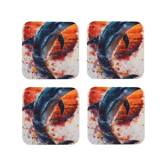 Rateoe Sunset Ocean Watercolor Dolphin Drawing Drink Coasters Set of 4 Leather Coasters Spill Protection for Table Desk,Durable and Non Slip Leather Coaster ,4 Inches Drink Mats-Square