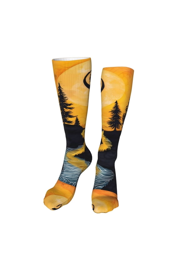 Sunset River Pine Trees print Women's Men's Novelty 20in Crew Socks Cotton Socks Knee High Socks for Walking,Running,Nurses,Pregnancy-One Size