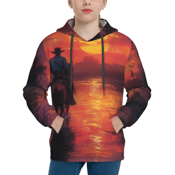Rateoe Sunset River Western Cowboy Pattern Boys Hoodie, Youth Pullover Hooded Sweatshirt, Kangaroo Pocket Hoodie for Kids-Medium