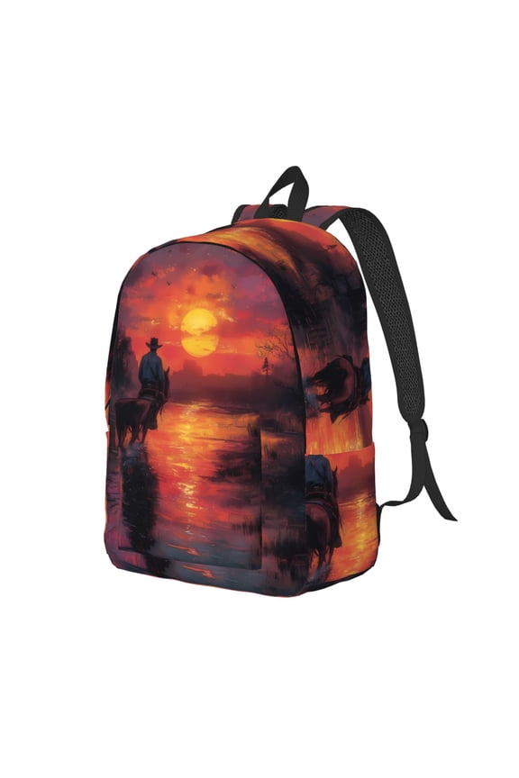 Sunset River Western Cowboy Pattern Durable Canvas Backpack for Men & Women – Stylish & Lightweight – Adjustable Straps, Multiple Pockets – Fits 15-17 Inch LaptopsMedium