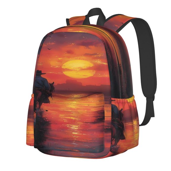 Rateoe Sunset River Western Cowboy Pattern Student Backpack,Backpack for School,Lightweight Bag,Travel Backpack,Outdoor Backpack,Large Capacity Backpack