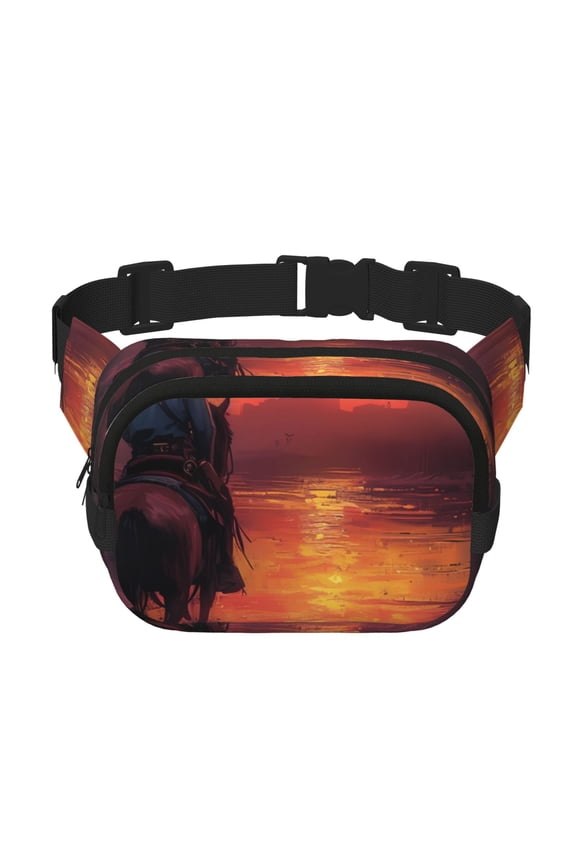 Sunset River Western Cowboy Print Fanny Pack Belt Bag for Women and Men, Square Double-Layer Waterproof Waist Pack with Adjustable Strap for Hiking, Jogging, Cycling