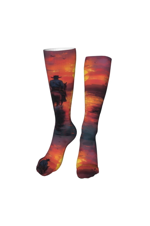 Sunset River Western Cowboy print Women's Men's Novelty 20in Crew Socks Cotton Socks Knee High Socks for Walking,Running,Nurses,Pregnancy-One Size