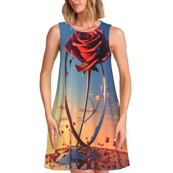 Rateoe Sunset Rose Elegance Pattern Women’s Sleeveless Dress,Casual Summer Dress,A-line Sleeveless Dress Versatile Summer Dress Stylish Day Dress