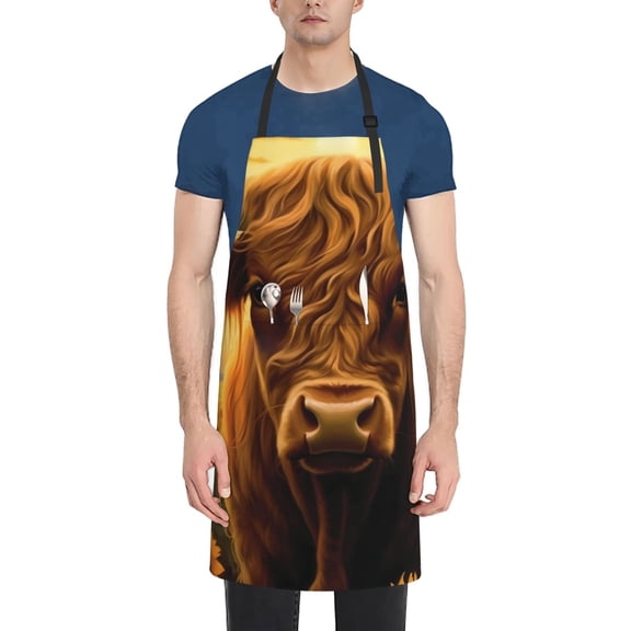 Rateoe Sunset Sunflower Cow A Aprons with Pocket,Men Womens Aprons Waterproof Adjustable Cooking Aprons for Kitchen Gardening and Salon