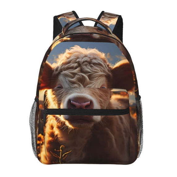 Rateoe Sunset Sunflower Small Cow Pattern Casual Backpack for School, Work, Travel – Adjustable Straps, Multiple Compartments – Ergonomic Design, Fits Laptops and Tablets