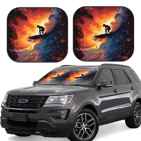 Rateoe Sunset Surfing Silhouette Pattern 2 Piece Car Windshield Sun Shade Foldable | Front Windshield Shade for Sun, Heat and UV Rays | Sunshade for Car Front Window-Large