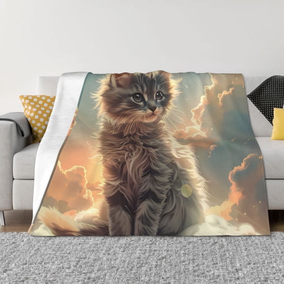 Rateoe Sunshine Cloud Kitten Pattern Flannel Throw Blanket, Ultra-soft Blanket for Bed, Couch, Car, Hypoallergenic Anti-pilling blanket-